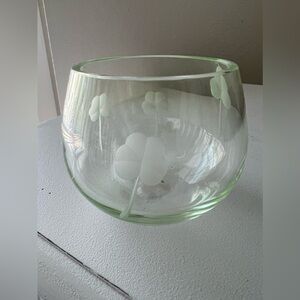 Irish Glass Tealight Votive Candleholder Shamrocks Clover | Etched | Signed.